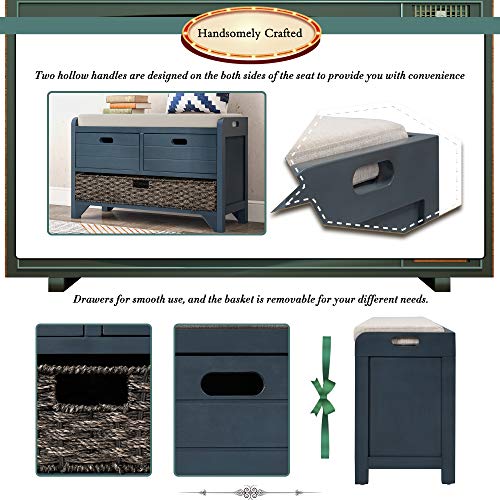 Fully Assembled Storage Bench - Solid Acacia Wood Shoe Organizer with 2 Drawers & Removable Rattan Basket, Rustic Hallway Seating (Navy) - color: Navy