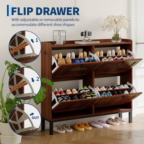 4-Door Flip Front Shoe Cabinet with Adjustable Shelves – Hidden Entryway Storage Organizer for Hallway, Foyer, Living Room – Freestanding Wooden Shoe Rack with Large Capacity & Modern Design, Walnut - color: Walnut, size: 9.45"D x 41.34"W x 37.9"H