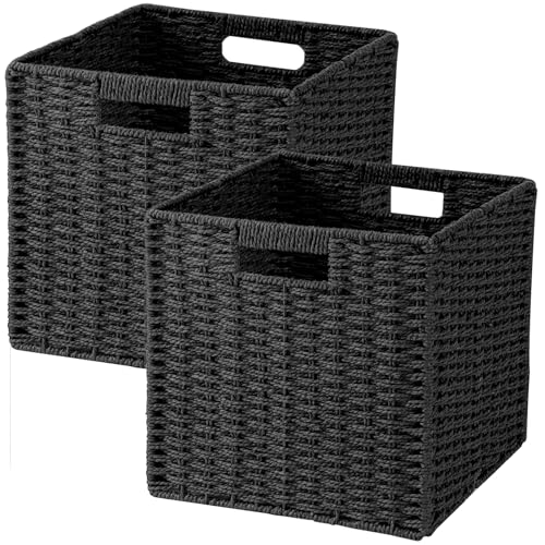 Woven Wicker Storage Baskets 2-Pack, 11x11 Handwoven Paper Rope Organizer Bins, Foldable Cube Storage Cubes with Built-in Handles for Shelves and Closet Organization(Classic Black) - color: Classic Black, size: 2 Pack