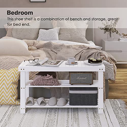 SMIBUY Bamboo Shoe Rack Bench, 3-Tier Shoe Organizer Storage Shelf for Entryway Hallway Bathroom Living Room (White) - color: White