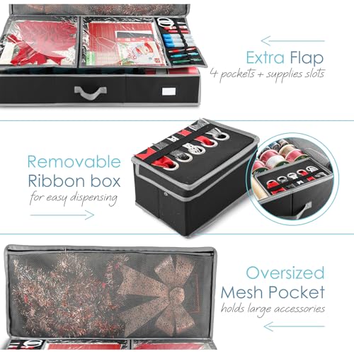Hearth & Harbor Wrapping Paper Storage Container with Ribbon Storage Organizer - Christmas Storage Bag with Extra Interior Pockets - Gift Wrapping Organizer Storage Fits Up to 26 Rolls of 40" Length - color: Black, size: Large