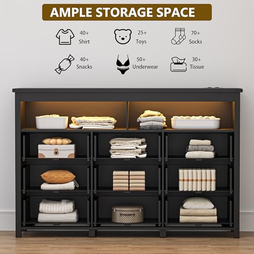 Dresser for Bedroom with 9 Drawers, Wide Modern Chest of Drawers with LED Light and Power Outlet, Wooden Closet Organizer Clothes Storage Cabinet, Double Dressers for Living Room, Hallway, Black - color: Black, size: 15.8"D x 59.1"W x 39.4"H (9 Drawers)