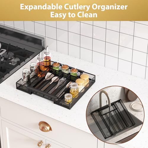 Sedegn Silverware Organizer Metal Mesh, Drawer Organizer, Utensil Cutlery Tray for kitchen drawers,Expandable Flatware Organizer with 7 Compartment Black 9.6"~16.1" x 13.8" - color: Black, size: Expandable 9.6"~16.1" x 13.8"