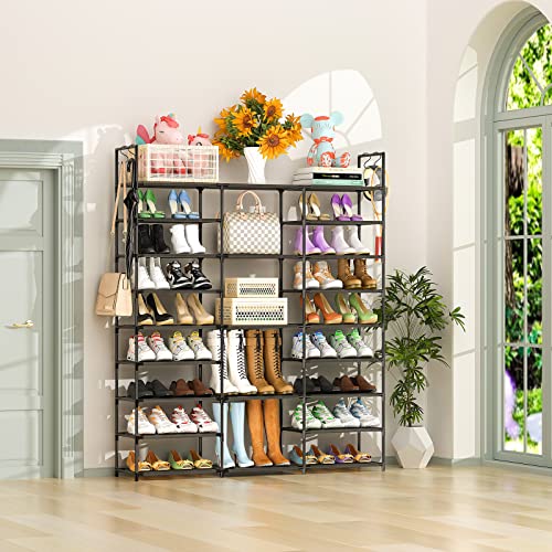 Kottwca Shoe Rack Organizer, Large Shoe Rack for Entryway Closet, Metal Shoe Shelf for Shoes and Boots, Big Non-Woven Fabric Shoe Storage Organizer with Hooks for Cloakroom, Black… - size: 3 Row 9 Tier-1