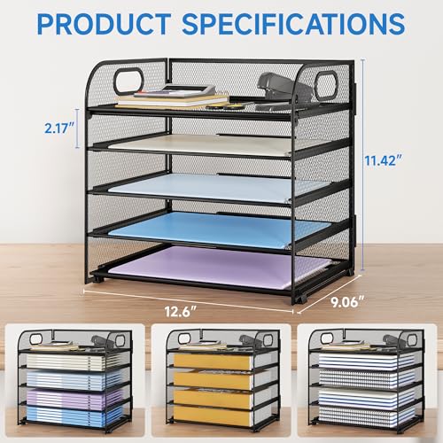 Paper Organizer Letter Tray with Handle Mesh 5 Trays Desk File Organizer Paper Sorter Desk Organizer for Office, Home or School-Black 2 Pack - color: Black 2 Pack, size: 12.6" x 9.1" x 13.4"