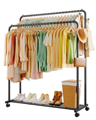 Sakugi Clothes Rack - Double Rods Clothing Rack with Mesh Shelf, Hooks & Wheels, Metal Clothing Racks for Hanging Clothes & Bags, Multifunctional Garment Rack for Laundry, Black, 47.2" x 16.9" x 59.1" - color: Black, size: X-Large 47.2"W x 16.9"D x 59.1"H