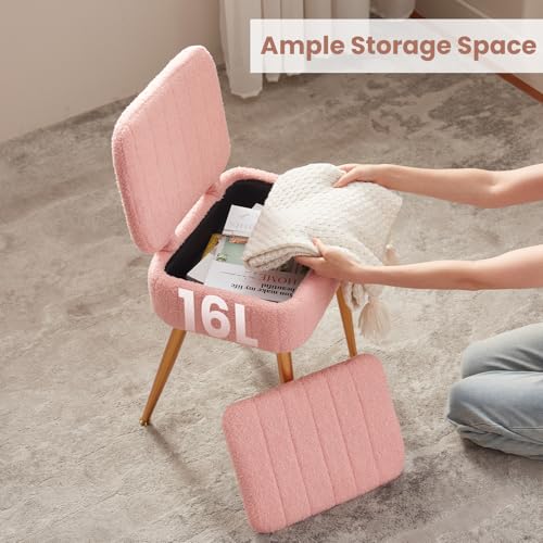 Updated Vanity Chair, Storage Ottoman with Folding Back & Gold-Toned Metal Legs, Ottoman Seat with Teddy Velvet for Dressing Room Living Room Bedroom, 15" x 12" Inch - color: Pink, size: 15" x 12"