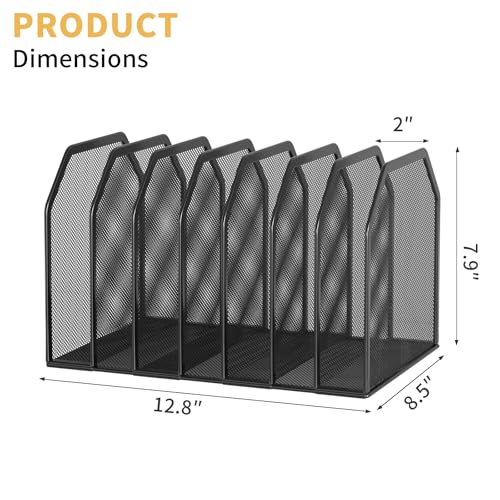 FANXIYQ Metal 7-Section File Folder Organizer for Desk | Vertical Office File Holder | Heavy-Duty Mesh Document Sorter for Books, Binders, Laptops | Black Desk Organizer (12.8”x8.5”x7.9”) - color: Black, size: 7 Section