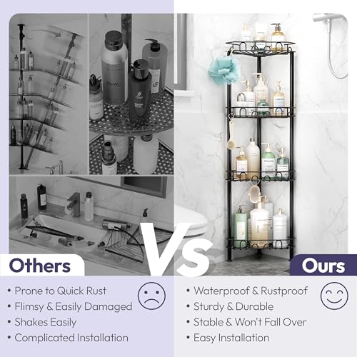 SWTYMIKI Standing Shower Caddy Corner - 4‑Tier Stainless Steel Shower Organizer Shelf with 16 Hooks and Adhesive Pads, Rustproof Corner Shelves Stand Rack for Bathroom Shower Room, Black - color: Black-4‑Tier