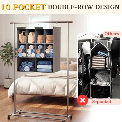 Ofiray-home 3 Tier Hanging Closet Organizer, 10 Compartments Sweater Organizer for Closet with 3 Sturdy Hooks, Closet Organizers and Storage, Wardrobe, Rv, Garment Rack, Grey - color: Grey, size: 3-Tier