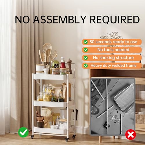 JAQ Foldable Rolling Cart, 3-Tier No Assembly Metal Utility Cart with Handle, Heavy Duty Folding Storage Trolley Organizer on Wheels for Kitchen, Office, Craft Art, Baby Diaper, Snacks, Books, White - color: White /3-tier, size: No Assembly