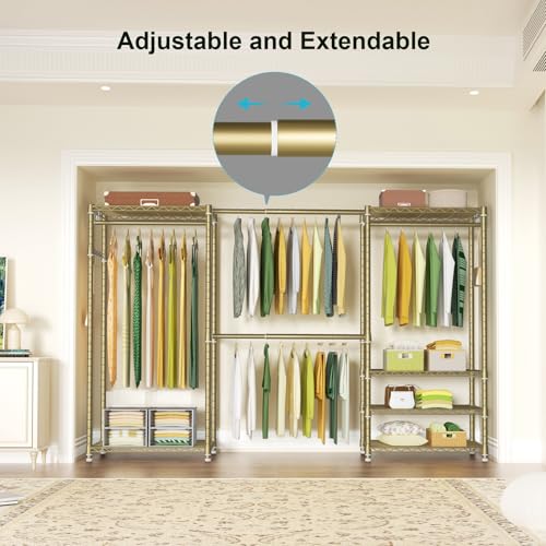 Ulif E1 Heavy Duty Closet Garment Rack, 6 Tiers Adjustable Metal Freestanding Expandable Clothing Storage with 4 Hanger Rods, Easy to Assemble Wardrobe, 71.4" H x (70" - 88.2") L x 14" D, Gold - color: Gold