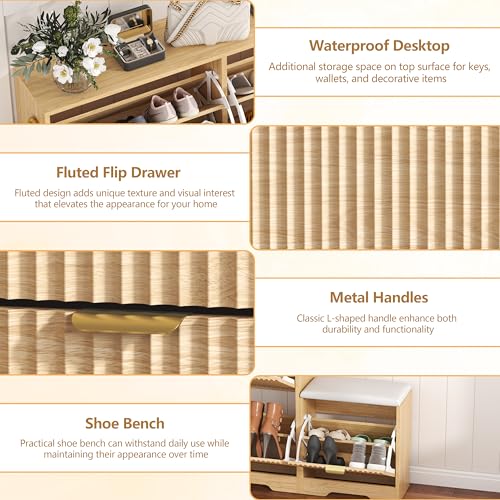 HUANLEGO Shoe Cabinet Storage for Entryway with 4 Flip Drawers, Oak Fluted Shoe Cabinet with Bench, Wooden Hidden Shoe Rack Freestanding Narrow Slim Shoes Storage Organizer for Hallway, Entrance - color: Oak, size: 4 Drawer with Bench
