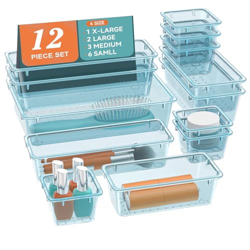 ElegantArray 12-Piece Drawer Organizer Set, 4 Sizes Versatile Plastic Vanity Organizer for Makeup, Stationery, Gadgets, in Kitchen, Bathroom, Office, and Bedroom, Sea Blue - color: Sea Blue, size: 12 PCS