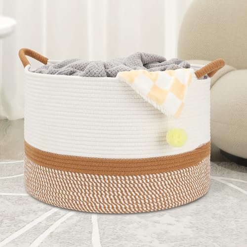 Large Blanket Basket (20"x13"),Woven Basket for Storage Dirty Clothes Basket for Laundry, Living Room, Nursery, Bedroom Rope Storage Basket for Blankets(White/Brown) - color: White Brown