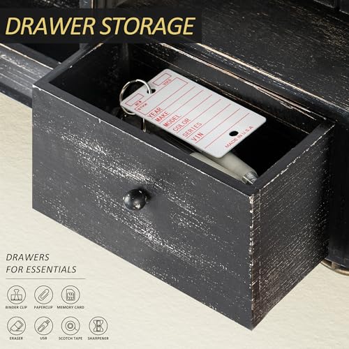 Rebee Vision Key Holder Wall Mount with Drawer & Mail Sorter – Rustic Wall Mail Organizer with Key Hooks for Entryway, Office, and Kitchen – Wooden Storage Drawer for Letters & File (Old Black) - color: Old Black