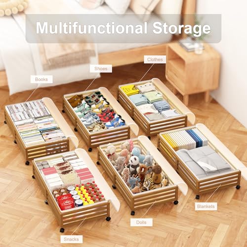 Under Bed Storage Containers With Wheels - 2 Pcs Large Bamboo Wood Rolling Underbed Shoe Storage Bins With Dust Bags for Clothes Blankets, Duvet Covers Snacks Toys (Walnut) - color: Brown, size: L