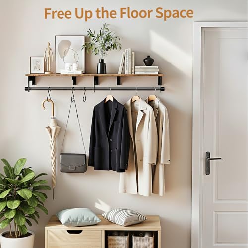 Luxspire Wall Mounted Clothes Rack, 43.3inch Clothing Racks with Top Shelf for Hanging Clothes, Heavy Duty Industrial Pipe Garment Rack, Laundry Room Shelves Closet Storage, Large - color: Black + Brown, size: 43.3inch
