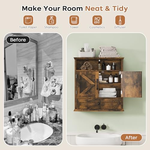 Bathroom Wall Cabinet, Wall Mounted Medicine Cabinet with Drawer, Barn Door & Adjustable Shelf, 24.4"H x 23.6"W x 9"D Rustic Brown Over Toilet Farmhouse Storage Cabinet for Kitchen, Laundry, Entryway - color: Rustic Brown, size: 24.4"H x 23.6"W x 9"D