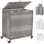 Laundry Hamper with Wheels&Lid, 50.2 Gallons(190L) Rolling Laundry Basket with Wheels, 3-Section Laundry Hamper, Handwoven Rattan Clothes Hamper with 6 Removable Liner& 3 Mesh Laundry Bags, Grey - color: Grey
