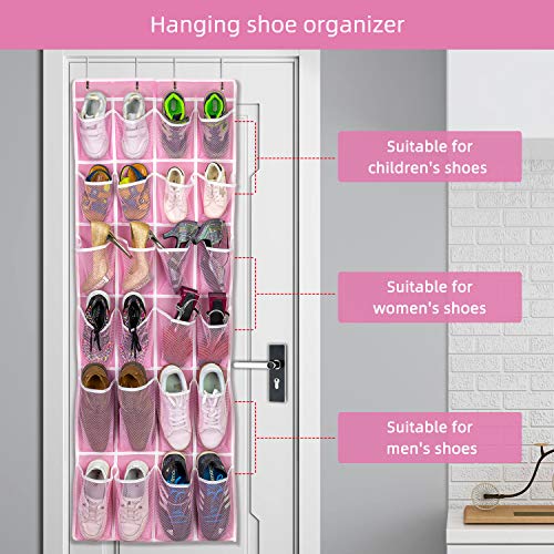 SAVERHO 2 Pack Hanging Shoe Organizer，Over Door Shoe Organizer with 24 Mesh Large Pockets Shoe Storage Bag for Sport Shoes Size:58x21 Inch Hanging Door Shoe Rack Organizer (Pink-2pack) - color: Pink-2pack of 24 pocket