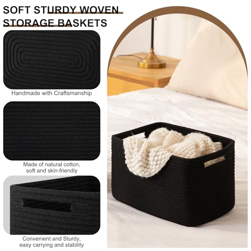OIASKET Storage Baskets for Organizing, Woven Decorative Baskets for Shelves - Books, Towels, and Clothes, Cotton Rope Toy Storage Bins, 12.7''Lx9''Wx7.8''H, Pack of 4, Black - color: Black
