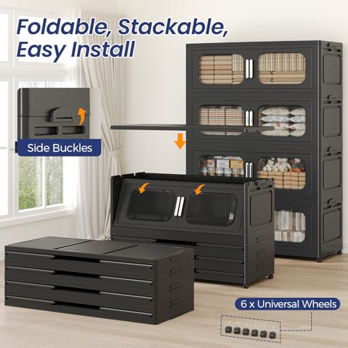 250Gal Extra Large Stackable Storage Bins with Lid & Wheels & Doors, 200QT/50GAL 5-Tiers Collapsible Closet Organizers Plastic Containers Drawers Boxes for Home Kitchen Bedroom, Black - color: Black, size: 50Gal-5Pack