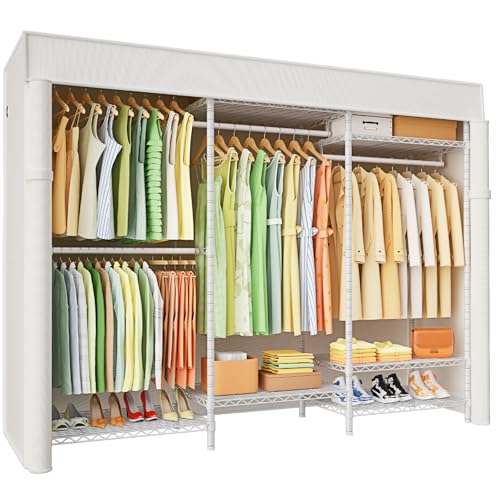 Ulif E13C Heavy Duty Closet Organizer System，Freestanding Clothing Racks for Hanging Clothes，Adjustable Garment Rack 63" W x 16" D x 77" H Hold 960 lbs，White Clothing Rack with White Dustproof Cover - color: White Rack with White Cover, size: E13C
