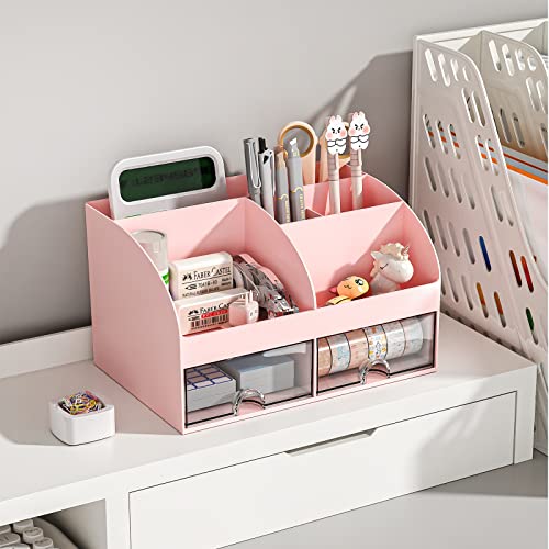 COMFYROOM Desk Organizer with 6 Compartments and 2 Drawers, Plastic Makeup Organizer, Pen Holder for Desktop Storage, Desk Organization for School, Home, Office Supplies Pink-2Pack - color: Pink-2Pack