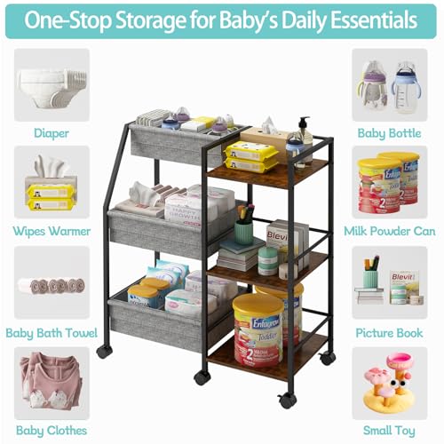 Baby Diaper Caddy Organizer Cart, 3-Tier Rolling Wheels Cart with Dividers and Shelves, Bedside Utility Cart for Nursery Essentials, Large Capacity Mobile Storage Cart for Crib, Bedroom - color: Grey