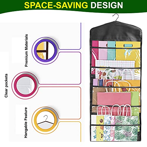 ProPik Hanging Double Sided Gift Bag Storage Organizer with Multiple Front and Back Pockets - Organize Your Gift Wrap, Tissue Paper, and Paper Bags 38 x 16 Inch PVC (Full Black) - color: Full Black