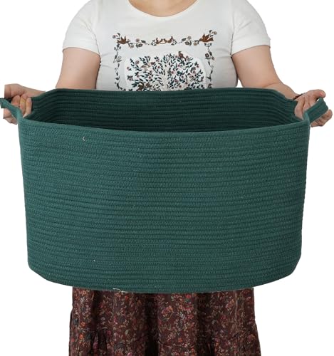 XUANGUO Large Rectangle Blankets Basket Living Room 22"x17"x12" Woven Cotton Rope Storage Basket for Nursery Toy Baskets for Kids and Dogs Wicker Laundry Baskets Bin for Clothes Towels dark green - color: Dark green