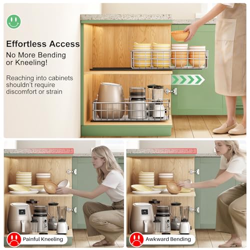 Stainless Steel Pull Out Cabinet Organizer(11.8"W x 16.5"D x 4.7"H)-1 Pack, Minimalist Design Frame, Full-Extension Slide Rails, Easy Installation for Pantry Organizers or Kitchen Cabinet Organizer