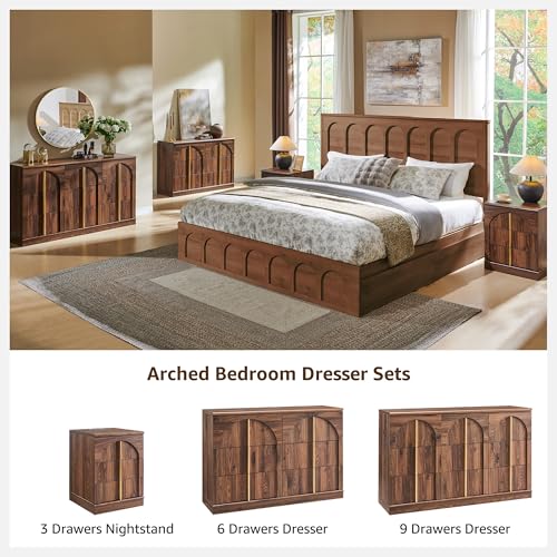 ACCOHOHO Arched Dresser for Bedroom with 6 Drawers, 47.3" Wide Modern Chest of Drawers with Rounded Edge & Metal Handles, Wood Storage Closet Dressers TV Stand for Living Room, Hallway, Brown - color: Brown, size: 15.6"D x 47.3"W x 32"H (6 Drawers)