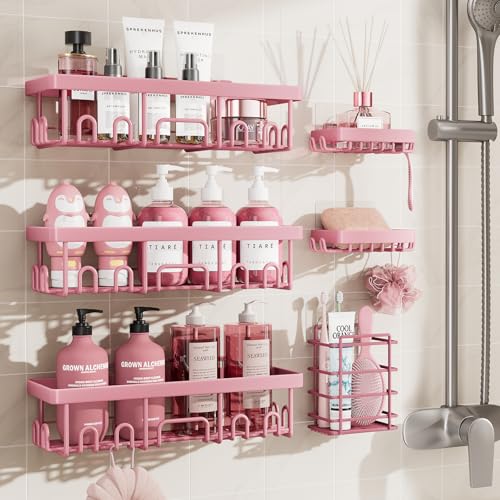 Veken Large Capacity Shower Caddy 6-Pack, No Drilling & Rustproof, Adhesive Shower Shelves with Soap Holder, Bathroom Organizers and Storage, Wall-Mounted Kitchen & Home Decor, Pink - color: G. Pink