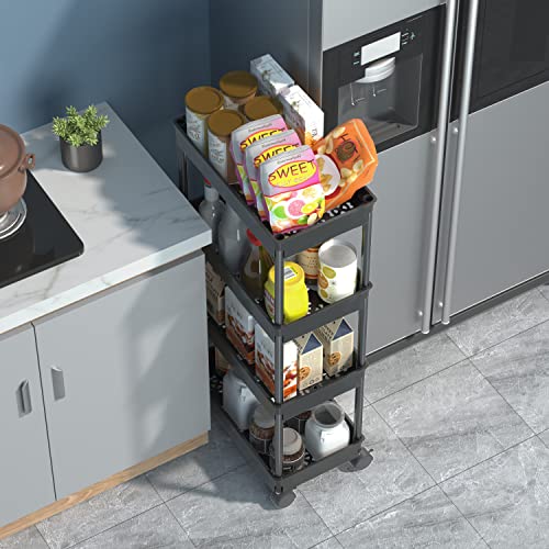 Sooyee 4 Tier Wide Storage Cart Mobile Shelving Unit Organizer Slide Out Storage Rolling Utility Cart Tower Rack for Kitchen Bathroom Laundry, Plastic & Stainless Steel,Black - color: Black, size: Wide