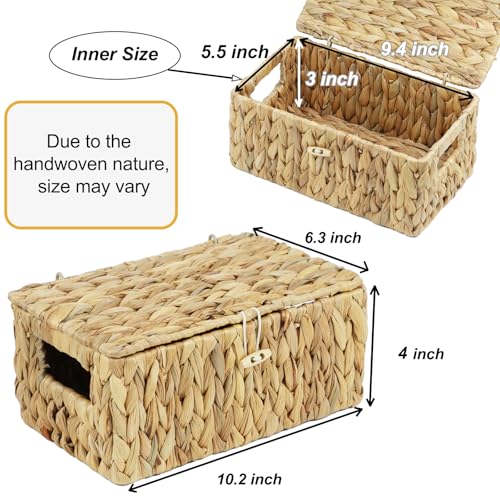 Small Wicker Basket with Lid, Natural Water Hyacinth Storage Baskets for Organizing, Rectangular Woven Basket for Storage, Decorative Boxes Bins with Lids and Built-in Handles (10.2" x 6.3" x 3.9") - size: 10.2" x 6.3" x 4"