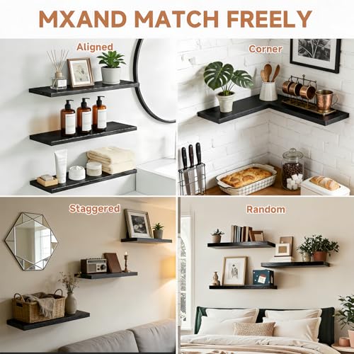 Easy Install Floating Shelves, Wall Mounted Wood Shelf,Hanging Shelf for Home Decor, Books and Storage, Small Organizer for Bedroom, Bathroom, Kitchen, 15.7 Inch Set of 3, Black - color: Black, size: 15.7IN