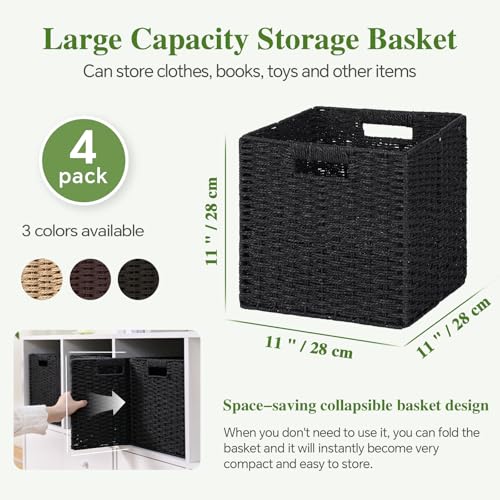 Woven Wicker Storage Baskets 4-Pack, 11x11 Handwoven Paper Rope Organizer Bins, Foldable Cube Storage Cubes with Built-in Handles for Shelves and Closet Organization(Classic Black) - color: Classic Black, size: 4 Pack