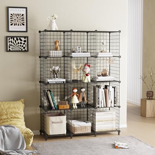 12-Cube Storage Organizer, Metal Wire Cube Shelving Unit, 11.8" L x 11.8" W x 11.8" H, Modular Grid Bookshelf for Closet, Bedroom, Office, Black ATTJL12B - color: Black