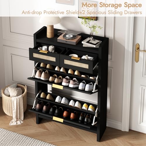 HOKYHOKY Rattan Shoe Storage Cabinet with 2 Drawers & 2 Flip Drawers – Hidden Slim Shoe Organizer for Entryway, Large Tabletop Space, Farmhouse Boho Narrow Shoe Rack, Rustic Black - color: Rustic Black, size: 2 Flips