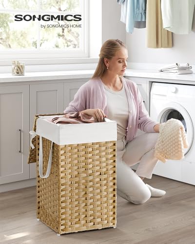 SONGMICS Laundry Hamper with Lid, 17.2 Gallon (65 L) Synthetic Rattan Clothes Laundry Basket with Lid and Handles, Foldable, Removable Liner, Goose Yellow ULCB165N01 - color: Goose Yellow, size: 65 L