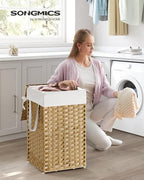 SONGMICS Laundry Hamper with Lid, 17.2 Gallon (65 L) Synthetic Rattan Clothes Laundry Basket with Lid and Handles, Foldable, Removable Liner, Goose Yellow ULCB165N01 - color: Goose Yellow, size: 65 L