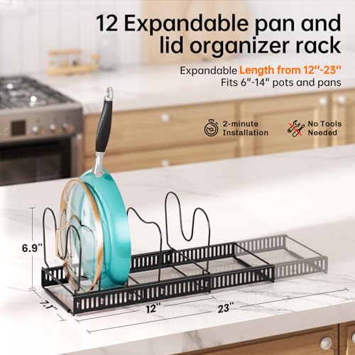 MUDEELA Expandable Pots and Pans Organizer Rack under Cabinet, Pots Lid Organizer Rack for Kitchen Cabinet Organizers and Storage with 12 Adjustable Dividers Cutting Board Holder & Anti-Scratch Strips - style: 12 Dividers-Black