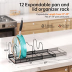 MUDEELA Expandable Pots and Pans Organizer Rack under Cabinet, Pots Lid Organizer Rack for Kitchen Cabinet Organizers and Storage with 12 Adjustable Dividers Cutting Board Holder & Anti-Scratch Strips - style: 12 Dividers-Black