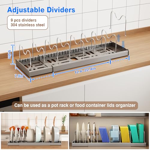 Mustorn 2 Pack Pots and Pans Organizer Under Cabinet, 22" Expandable Food Storage Container Lid Organizers with 9 Adjustable Dividers Pot and Pan Lid Holders Rack Inside Cabinet/Countertop(Gray) - color: Gray(Expandable), size: 2 Pack