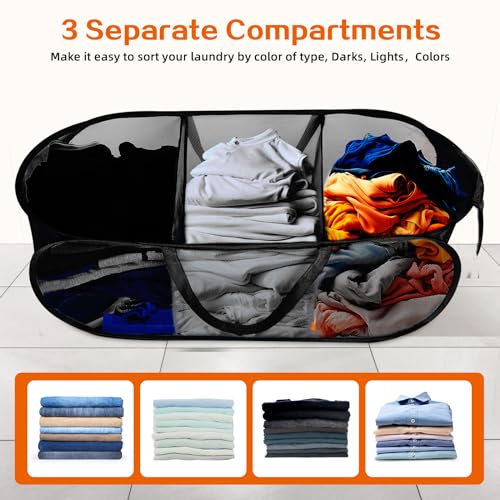Foldable Laundry Baskets, Collapsible Mesh Laundry Hamper, Durable Pop Up Laundry Basket, 3 Compartments Clothes Hampers for Laundry, Easy to Carry & Sort for Dorm, Home, Kids Room, Travel Black - color: Black, size: 3 Compartments
