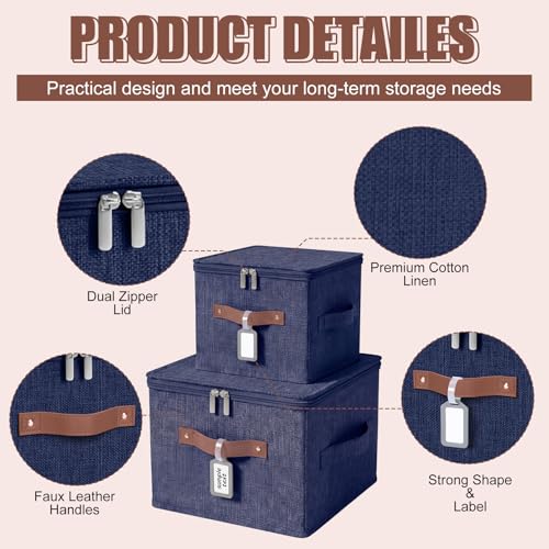 6 Pack Fabric Closet Storage Bins with Zipper Lids and Label, 10×8×7In Large Size Foldable Cotton Linen Storage Cubes Boxes with PU Leather Handles Holders for Bedroom, Nursery, Dark Blue - color: Dark Blue, size: 10×8×7in