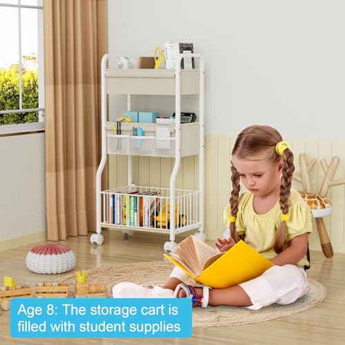 3-tier Baby Diaper Caddy Organizer and Storage Cart with 4+3 Dividers, Metal Utility Cart with Lockable Wheels for Nursery, Bedroom, Bathroom, White - color: White