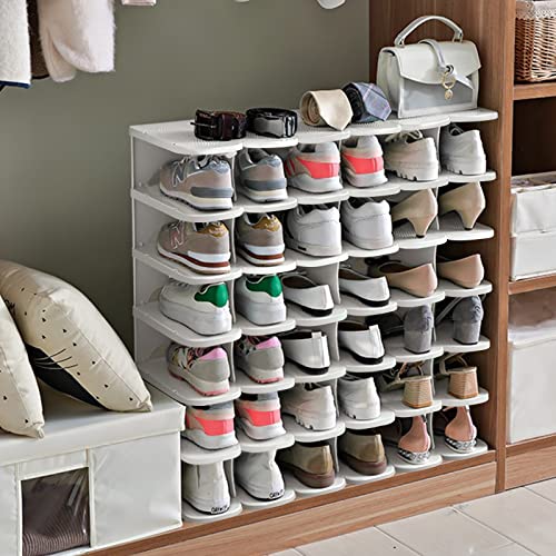 6-Tier Narrow Shoe Organizer, Adjustable Cubby Shoe Rack for Closet, Free Standing Shoe Slot Tower for Entrance, Stackable Space-Saving Shoe Storage Shelf for Entryway, White - color: White